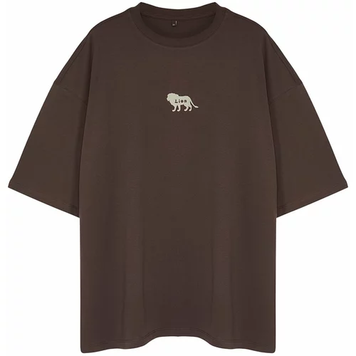 Trendyol Plus Size Dark Brown Men's Oversize Comfortable Animal Print Embroidery 100% Cotton T-Shirt