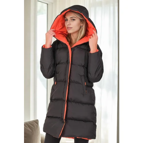 Dewberry Z6687 WOMEN'S COAT-BLACK-LIGHT ORANGE