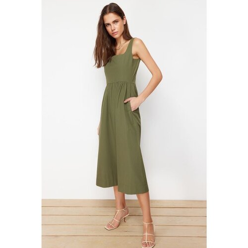 Trendyol Khaki Waist Opening Midi Corset Stitching Detail Midi Woven Dress Cene