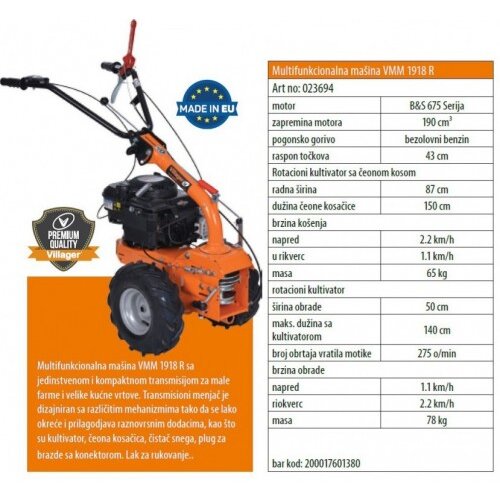 Villager motorni kultivator VMM1918R sa plugom za oranje Cene