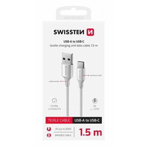 Swissten kabel USB/USB-C, TEXTILE II, 3A, 60W, 480 Mb/s, 1,5m bijelo-srebrni Cijene