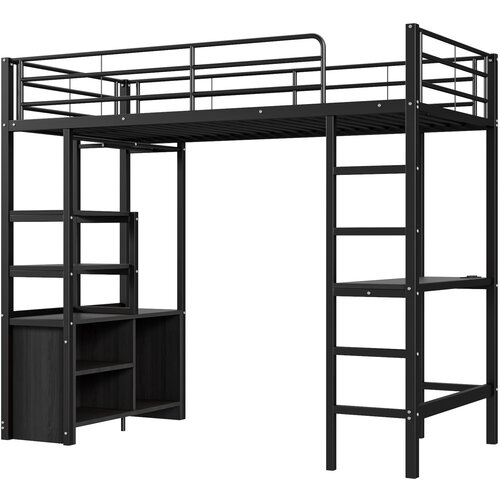 Lumor Postelja z mezzanine 90x200 cm iz kovine - S pisalno mizo + USB priključki + zaščitnimi stopnicami - Črna, (22155989) Cene