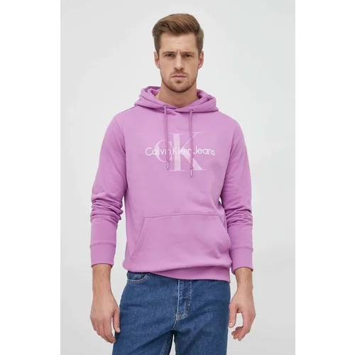 Calvin Klein Jeans Bombažen pulover moška, vijolična barva, s kapuco