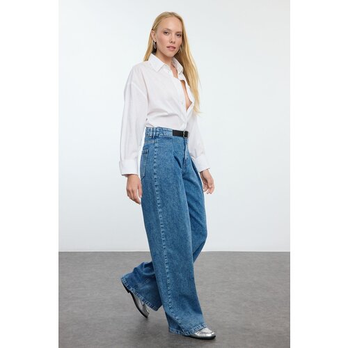 Trendyol Blue Belt Detailed Pleated High Waist Wide Leg Jeans Slike