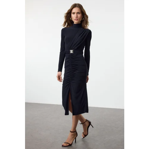 Trendyol Navy Blue Fitted High Collar Draped Belted Flexible Knitted Pencil Dress