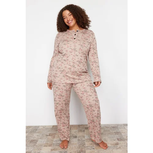 Trendyol Curve Mink Flower Patterned Knitted Pajamas Set