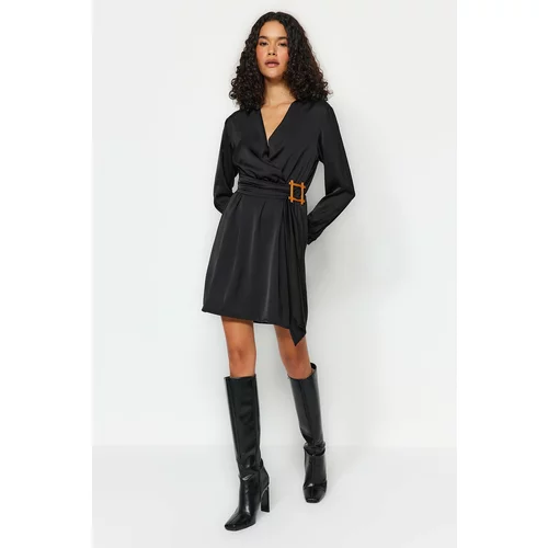 Trendyol Black Belted Double Breasted Collar Satin Woven Dress