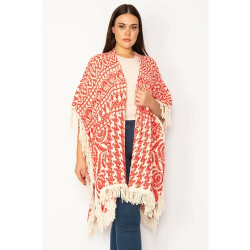 Şans Women's Plus Size Red Shawl Pattern Tassel And Silvery Detailed Thick Knitwear Poncho Slike