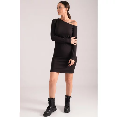 armonika Women's Black Fitted Asymmetric Collar Open Shoulder Mini Dress