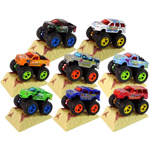 Resorak Monster Truck Pull Back drive Rubber tyres Metal body + Evolving Ramp Slike