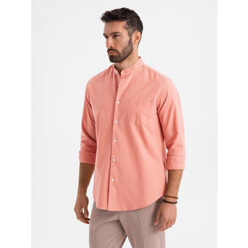 Ombre Men's linen shirt with stand-up collar and pocket REGULAR FIT - pink Cene