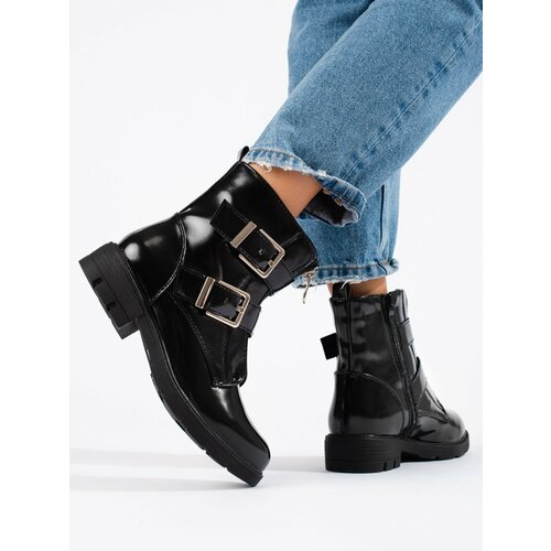 SHELOVET Lacquered black ankle boots with buckles Cene