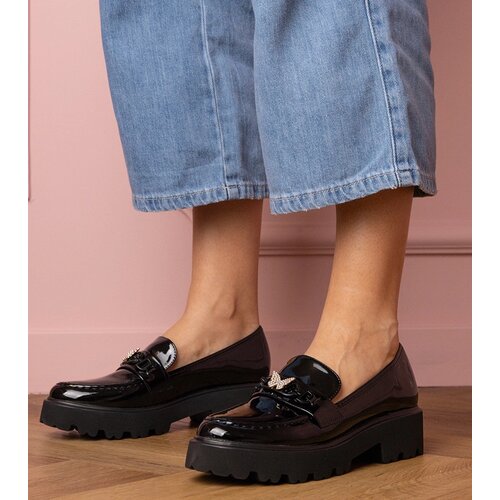 Gemre Black patent moccasins with a rhinestone butterfly Sanita Cene