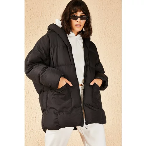 Bianco Lucci Women's Black Oversized Down Coat with Large Double Pockets Hooded