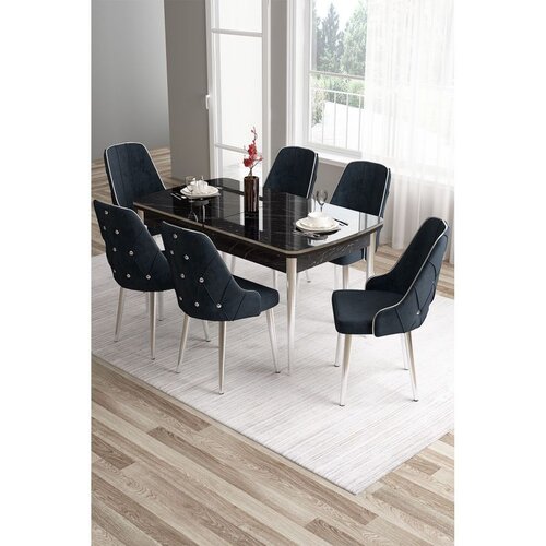Hanah home trpezarijski set Tia, sto i 6 stolica, ploča u dekoru crnog mermera, hromirane noge, antracit tkanina Babyface Cene
