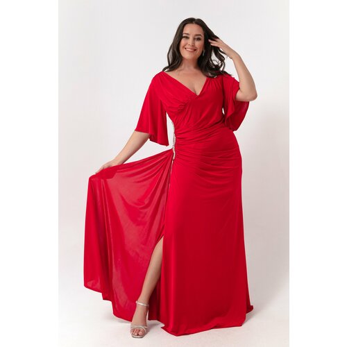 Lafaba Women's Red Short Sleeve Slit Long Plus Size Evening Dress Slike