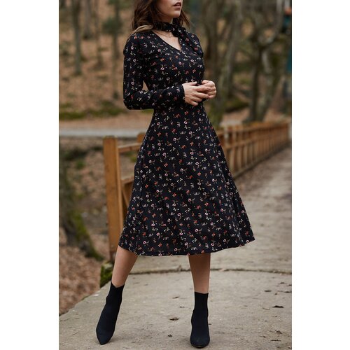 XHAN Women's Black Tie Collar Floral Pattern Dress Slike