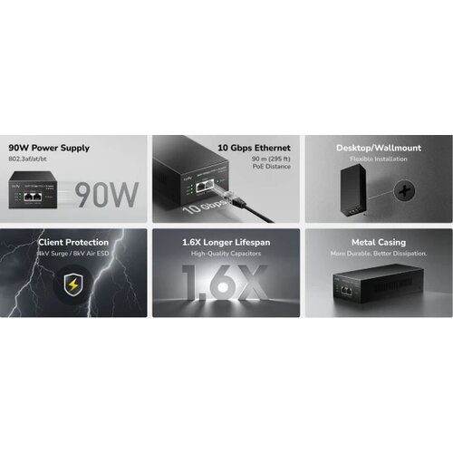 Cudy POE400X, 90W 10 Gbps PoE++ Injector, 10M/100M/1G/2.5G/5G/10G Brzina Slike