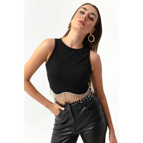 Lafaba Women's Black Crop Top with Tassels Tassels