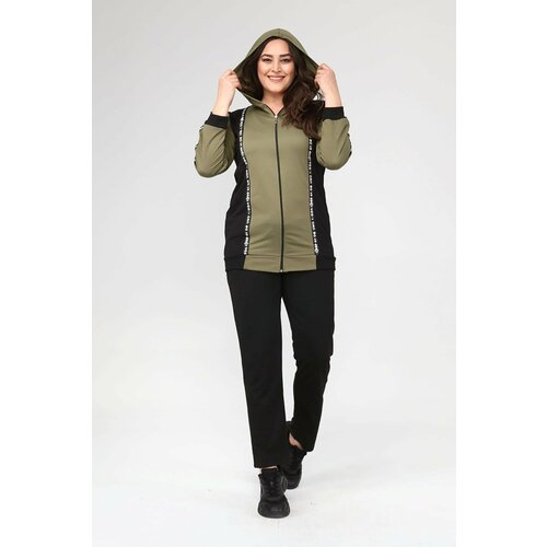 Şans Women's Plus Size Khaki Zipper And Stripe Detailed Hooded Tracksuit Suit Slike