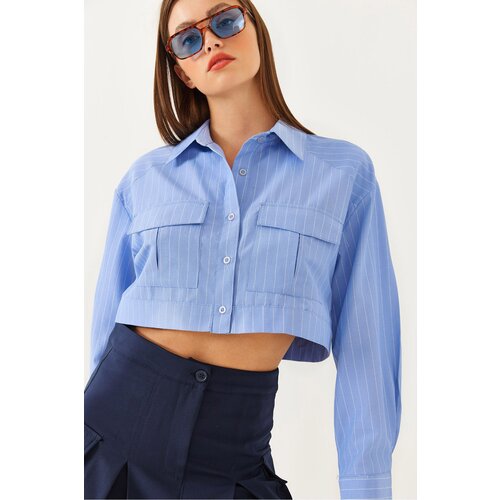 Bianco Lucci Women's Asymmetrical Yoke Crop Shirt 4496 Slike