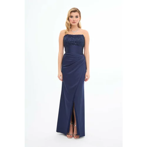 Carmen Navy Blue Strapless Slit Satin Evening Dress