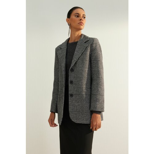 Trendyol Plaid Woven Blazer with a Premium Wool Look Gray Jacket Slike