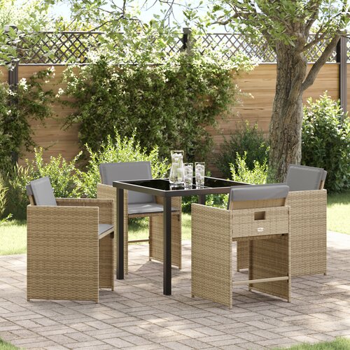VidaXL Set Od 5 Komada Vrtnih Stolica S Jastučićima Bež Poli Ratan, Vrtni Stol Crna 80x80x73 cm Kaljeno Staklo Slike