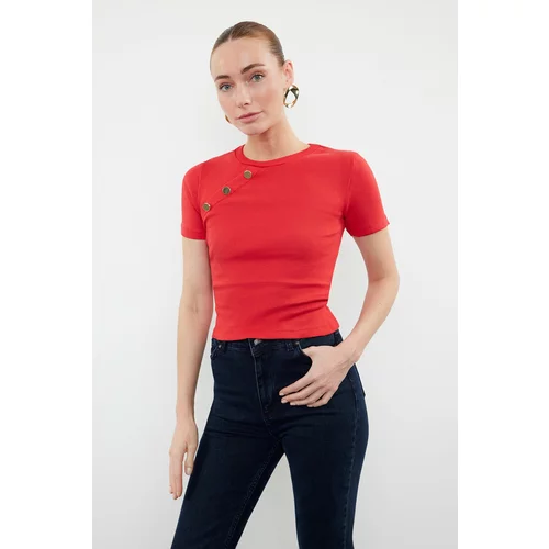 Trendyol Red Button Detailed Ribbed Fitted/Closing Stretchy Knitted Blouse