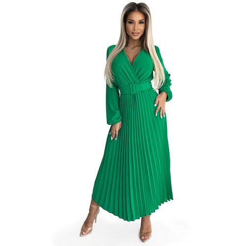 Numoco Pleated midi dress with a neckline, long sleeves and a wide belt Slike