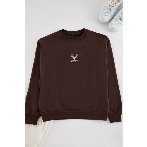 Trendyol Dark Brown Oversize/Wide Cut Crew Neck Long Sleeve Animal Embroidered Sweatshirt Slike