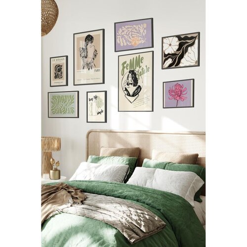 Wallxpert set od 8 uramljenih slika Çgs-035, zeleni i ljubičasti motivi – modne ilustracije žena, cvetovi i apstraktne šare, crni ram Cene