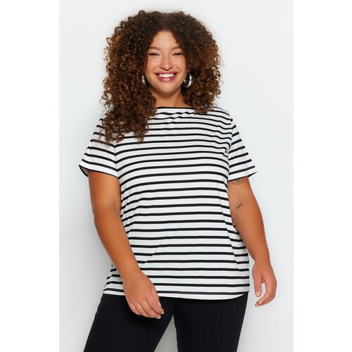 Trendyol Curve Black and White Striped Boat Neck Knitted T-shirt Slike