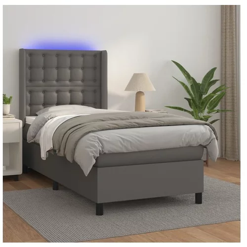 vidaXL Box spring postelja z vzmetnico LED siv 90x190 cm ume