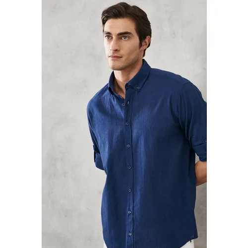 AC&Co / Altınyıldız Classics Men's Indigo Comfort Fit Relaxed Cut Buttoned Collar Casual Linen Shirt