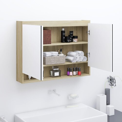 Furnova Kopalniška omarica z ogledalom 80x15x60 cm MDF bela in hrast, (21947350) Cene