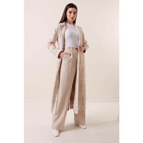 By Saygı Belted Waist Bag Pocket Half Lined Plaid Cachet Coat Beige Slike