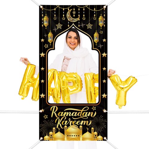 NIKCORP Fotografsko ozadje za ramadan, dekorativni transparent Ramadan Kareem, črno-zlato, pralno, 180x90 cm, za zabave, (5000298776) Slike