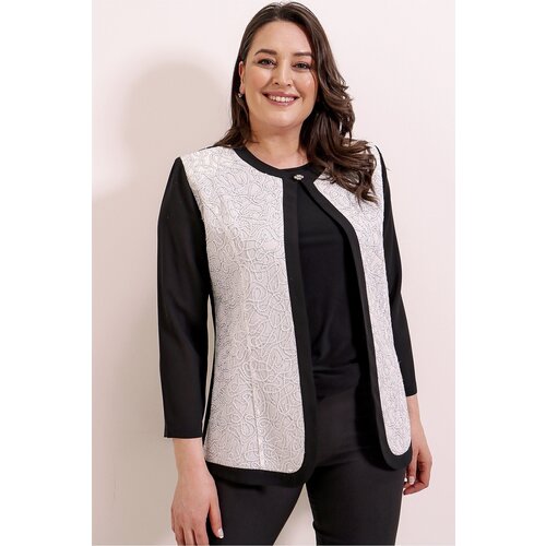 By Saygı Sequins Embroidered With Brooch Detail On The Collar Plus Size Jacket Blouse Set Silver Slike