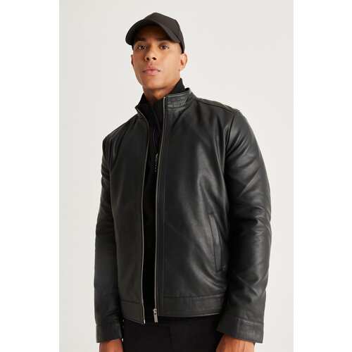 AC&Co / Altınyıldız Classics Men's Black Standard Fit Normal Fit High Neck Faux Leather Jacket Cene