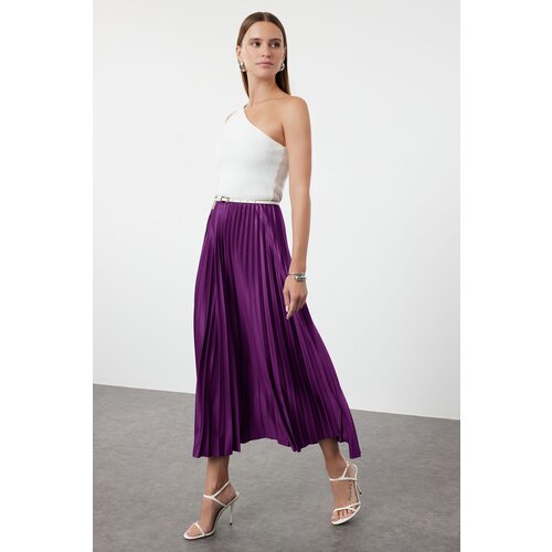Trendyol Plum Pleated Maxi Stretch Knit Skirt Slike