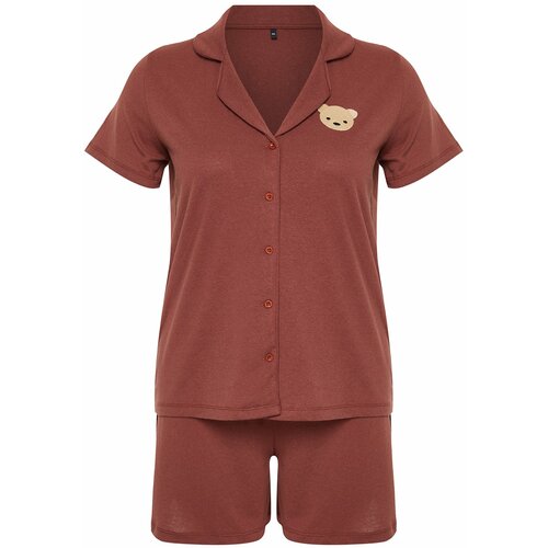 Trendyol Curve Cinnamon Cotton Teddy Bear Embroidered Knitted Pajamas Set Cene