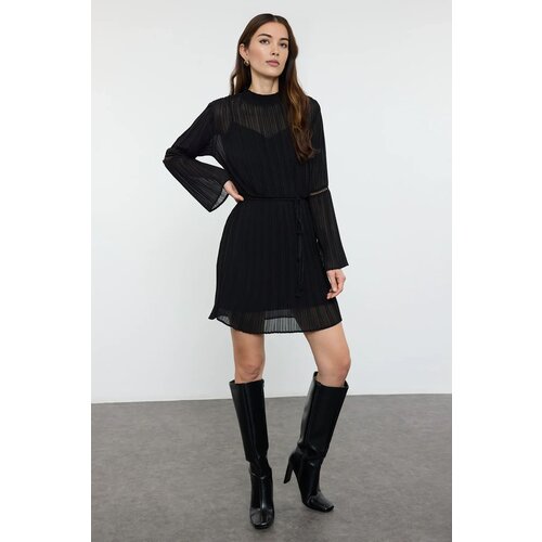 Trendyol Black Belted Pleated Mini Woven Winter Dress with Opening Waist Skirt Slike