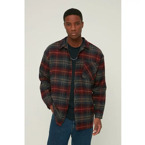 Trendyol Claret Red Men's Oversize Shirt Collar Lumberjack Plaid Single Pocket Shirt