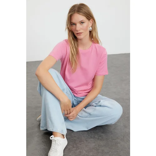 Trendyol Fuchsia 100% Cotton Basic Crew Neck Knitted T-Shirt