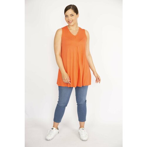 Şans Women's Orange Plus Size V-Neck A Pleat Front Blouse Slike