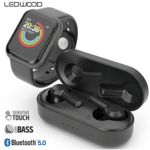 Komplet LEDWOOD URBAN, 2v1 - brezžične slu&amp;amp;#353;alke in pametna ura, Bluetooth 5.0, brezplačna aplikacija, pametne funkcije, Android + iOS, USB Type-C, črn Slike
