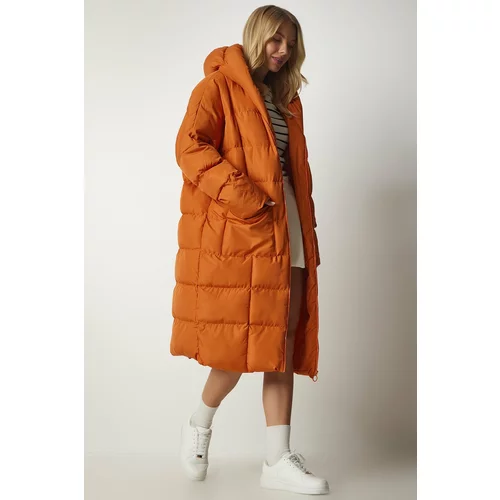 Happiness İstanbul Women's Orange Hooded Oversize Long Down Coat
