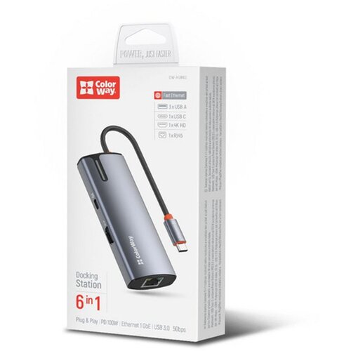 COLORWAY USB hub USB-C 6-u-1 Type C PD 100W/USB3.0x3/HDMI 4K/RJ45 Cijene