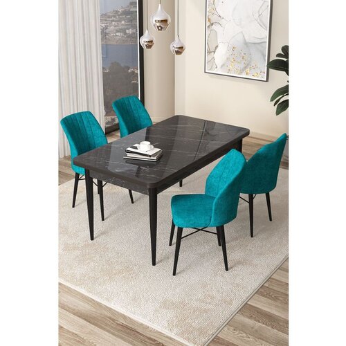 Hanah home arp - black marble, turquoise black marbleturquoise dining table & chairs set (5 pieces) Cene